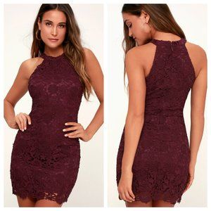 Lulus Love Poem Burgundy Lace Halter Mini Dress